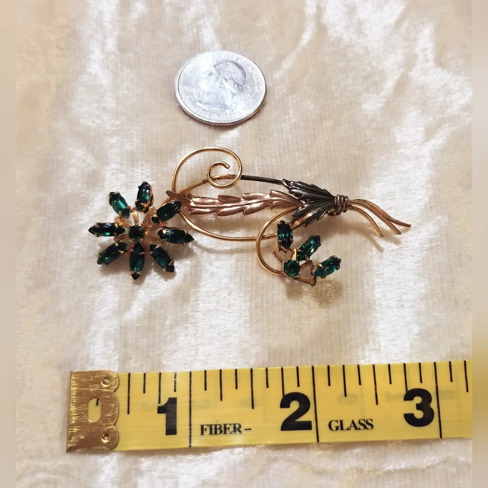 Vintage 1930s I. Michelson 12K GF Green Glass Stone Flower Pin Brooch
